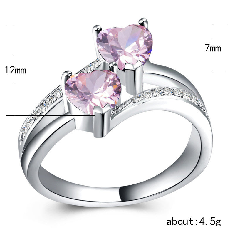 Women's Zircon For Double Heart-shaped Multicolor Gemstone White Gold Plated Copper Ring