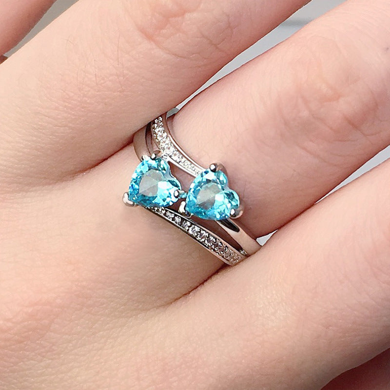 Women's Zircon For Double Heart-shaped Multicolor Gemstone White Gold Plated Copper Ring