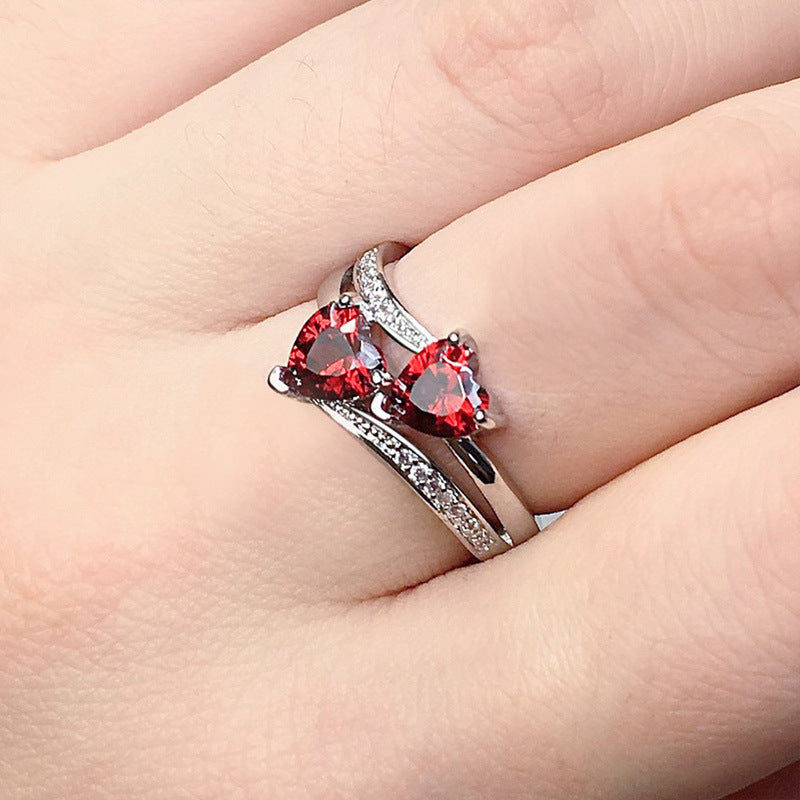Women's Zircon For Double Heart-shaped Multicolor Gemstone White Gold Plated Copper Ring