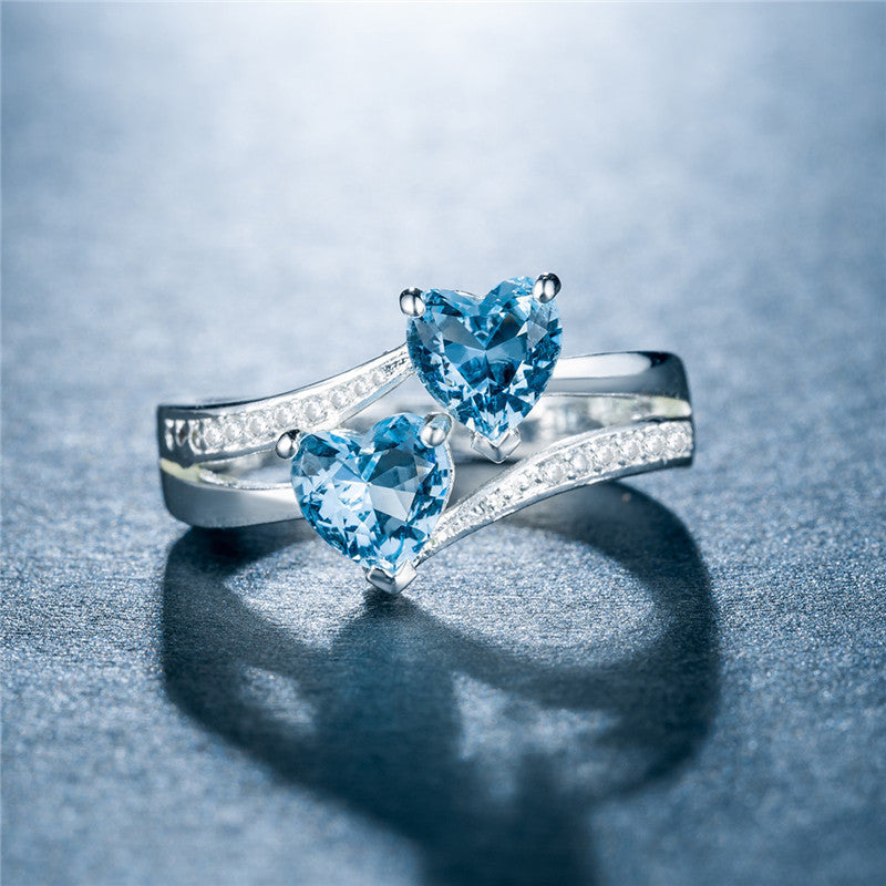 Women's Zircon For Double Heart-shaped Multicolor Gemstone White Gold Plated Copper Ring