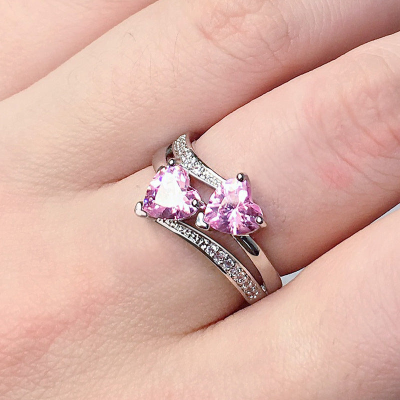 Women's Zircon For Double Heart-shaped Multicolor Gemstone White Gold Plated Copper Ring