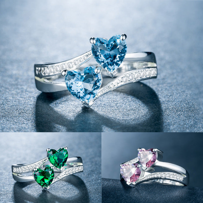 Women's Zircon For Double Heart-shaped Multicolor Gemstone White Gold Plated Copper Ring
