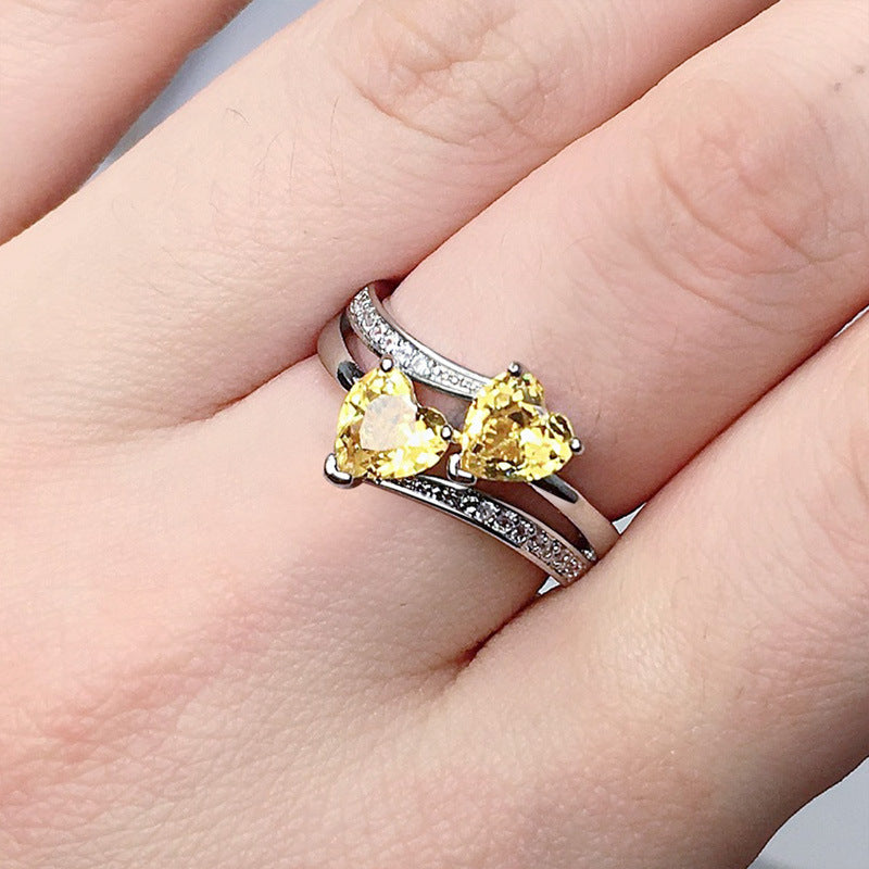 Women's Zircon For Double Heart-shaped Multicolor Gemstone White Gold Plated Copper Ring