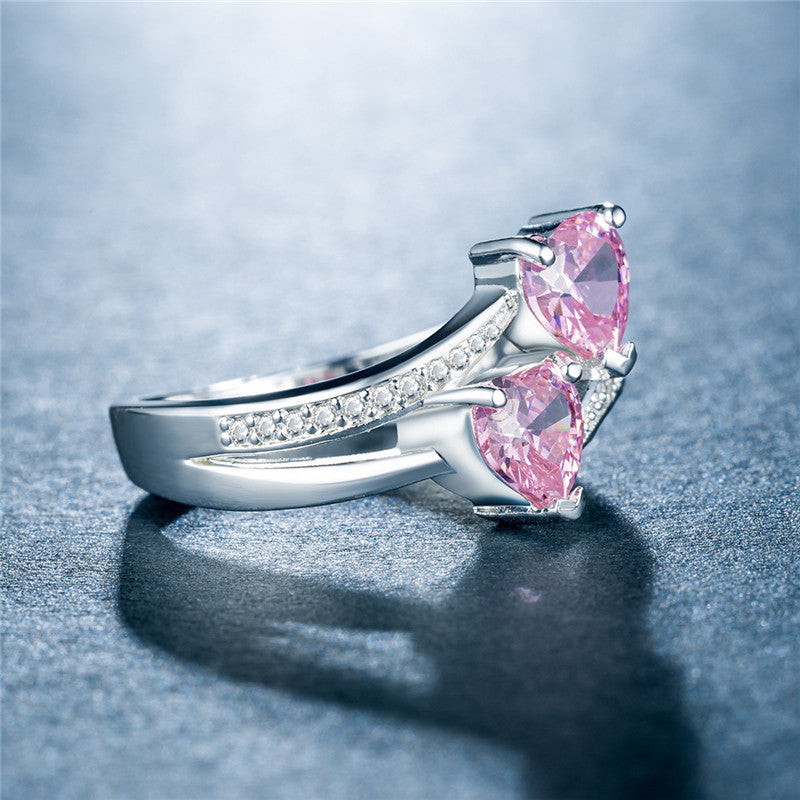 Women's Zircon For Double Heart-shaped Multicolor Gemstone White Gold Plated Copper Ring