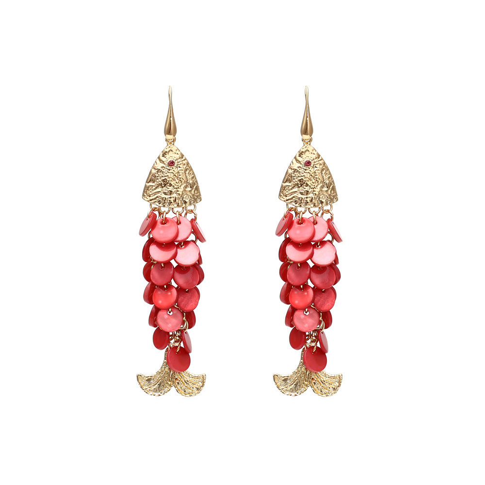 Handmade Woven Shell Tassel Vintage Fish Earrings