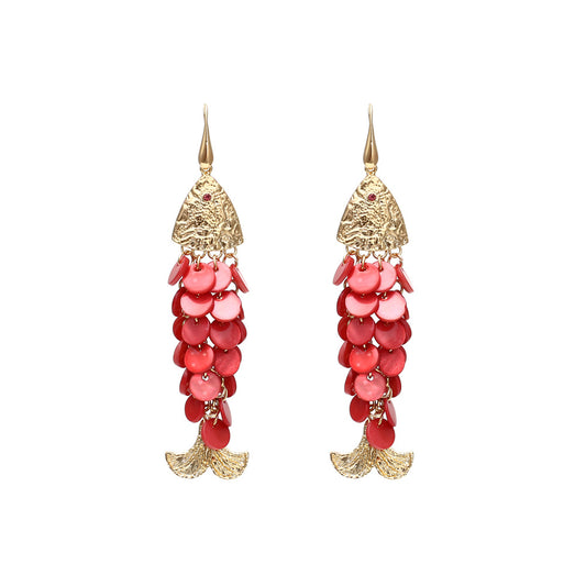 Handmade Woven Shell Tassel Vintage Fish Earrings