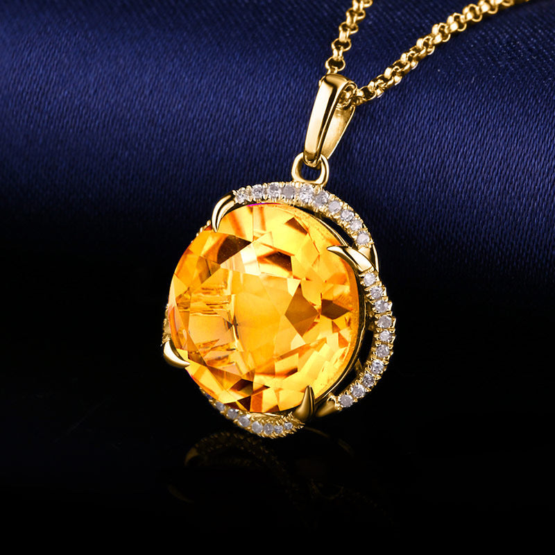 Women's Golden Yellow Zircon Citrine Round Colored Gems Gold Pendants