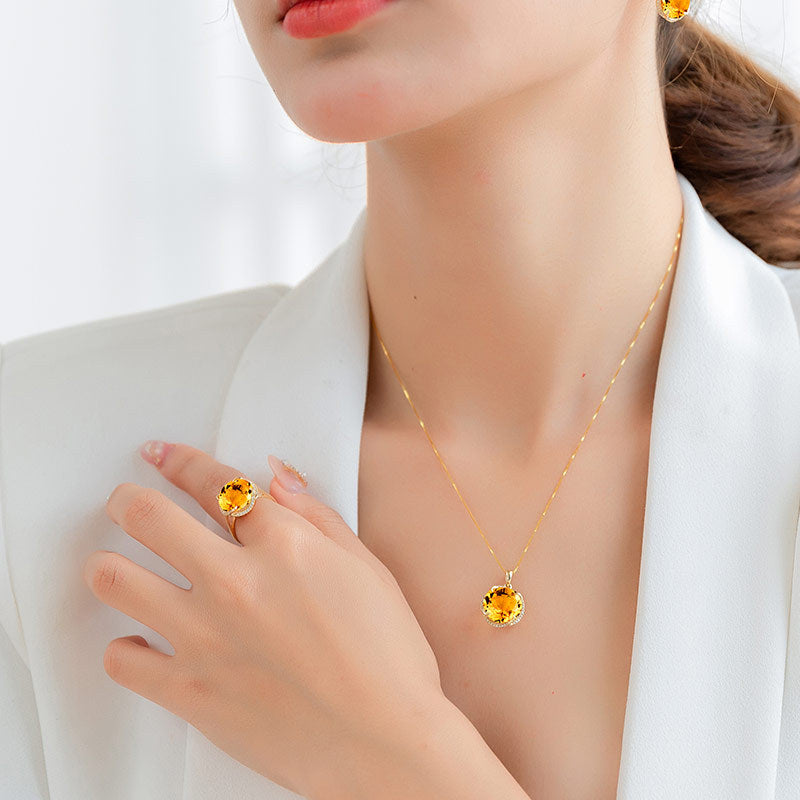 Women's Golden Yellow Zircon Citrine Round Colored Gems Gold Pendants