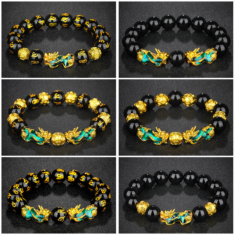 Vietnam Placer Gold Pi Obsidian Mantra Bracelets