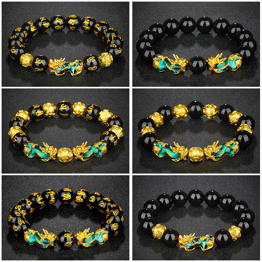Vietnam Placer Gold Pi Obsidian Mantra Bracelets