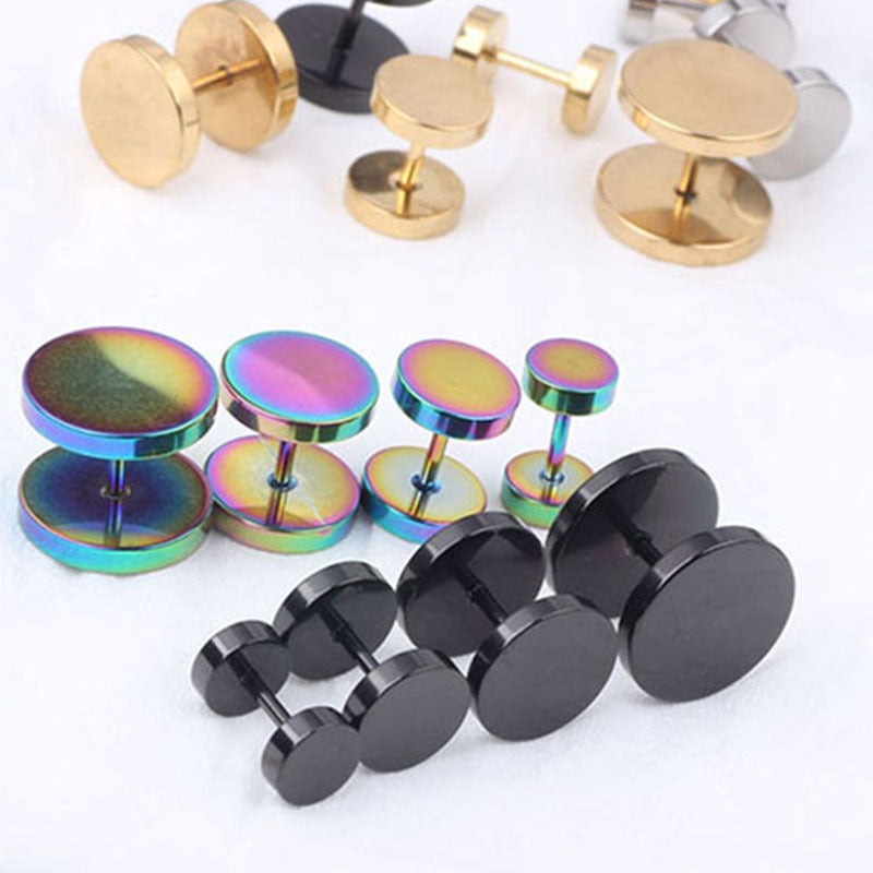 Women's & Men's Vacuum Electroplating Barbell Black Hip Hop Rock Round Hipster Dumbbell Stud Earrings