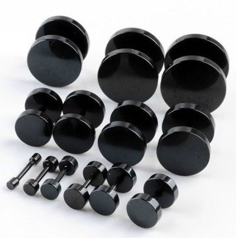 Women's & Men's Vacuum Electroplating Barbell Black Hip Hop Rock Round Hipster Dumbbell Stud Earrings