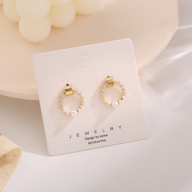 High Sense Micro Inlaid Pearls Geometric Circle Diamond Earrings