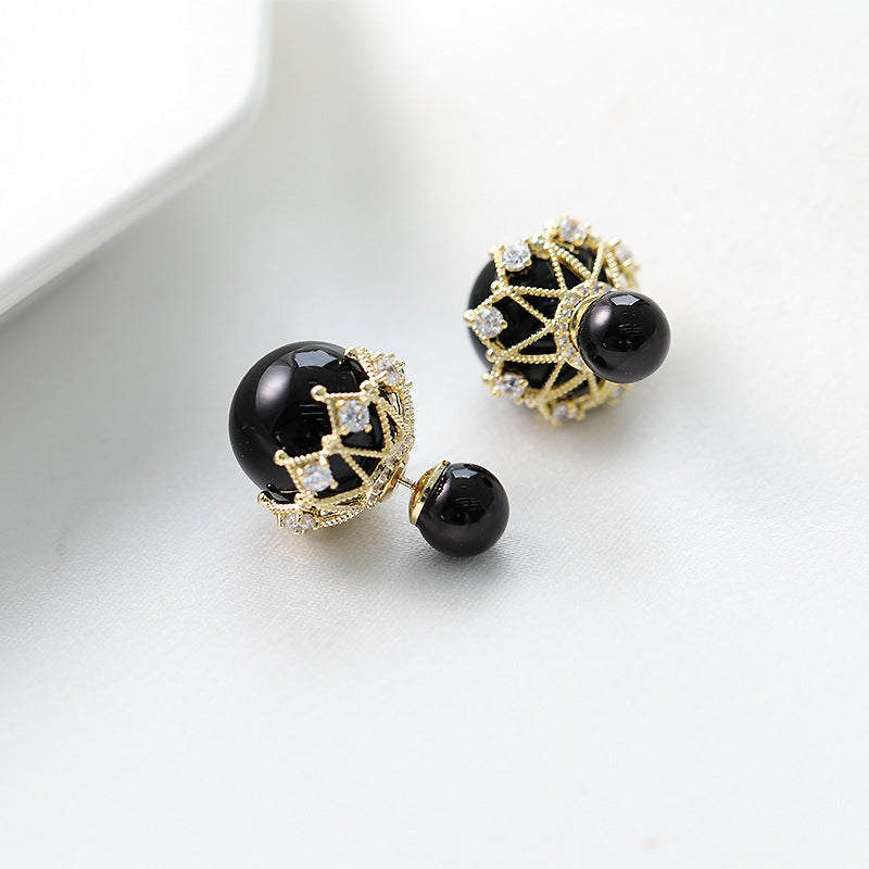Women's Personalized Front Rear Pearl Ball Back Lace Sier Needle Zircon Earrings