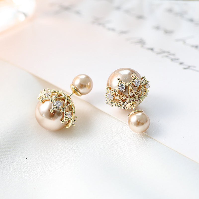 Women's Personalized Front Rear Pearl Ball Back Lace Sier Needle Zircon Earrings