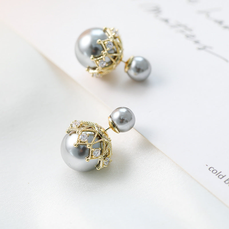 Women's Personalized Front Rear Pearl Ball Back Lace Sier Needle Zircon Earrings