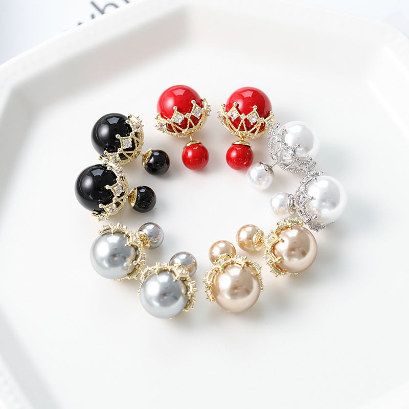 Women's Personalized Front Rear Pearl Ball Back Lace Sier Needle Zircon Earrings