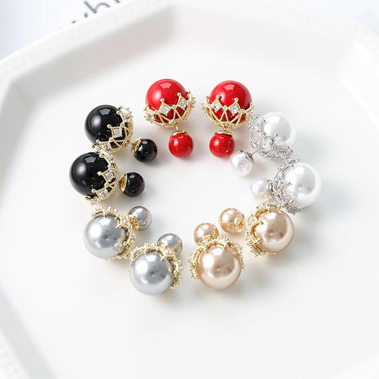 Women's Personalized Front Rear Pearl Ball Back Lace Sier Needle Zircon Earrings