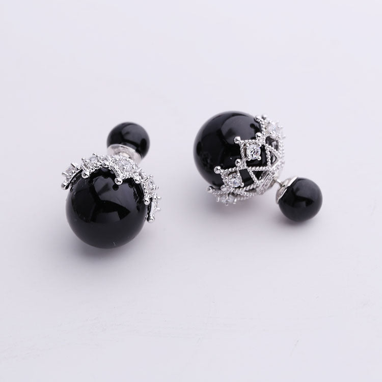 Women's Personalized Front Rear Pearl Ball Back Lace Sier Needle Zircon Earrings
