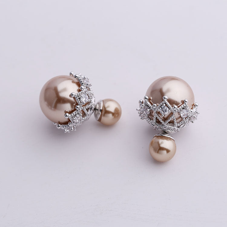Women's Personalized Front Rear Pearl Ball Back Lace Sier Needle Zircon Earrings