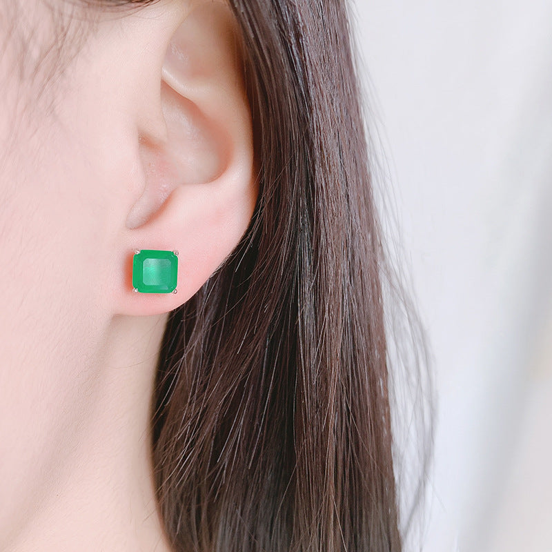 Sheng Colored Gems Artificial Emerald Square Stud Earrings
