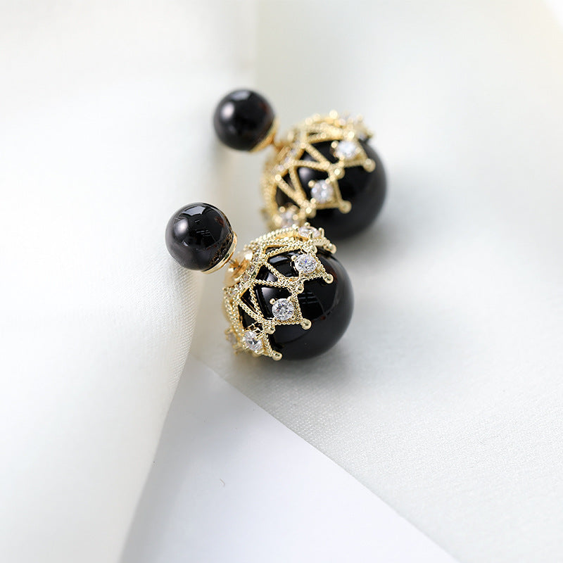 Women's Personalized Front Rear Pearl Ball Back Lace Sier Needle Zircon Earrings