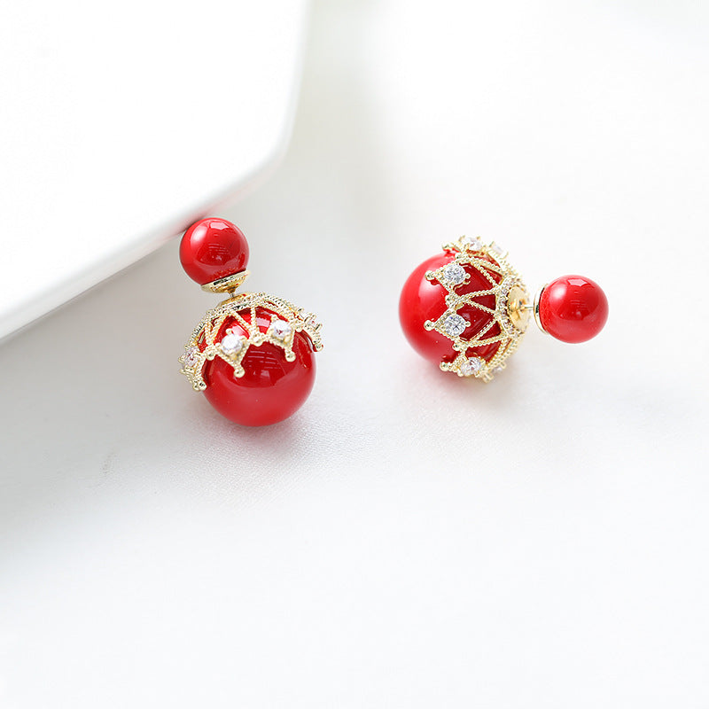 Women's Personalized Front Rear Pearl Ball Back Lace Sier Needle Zircon Earrings