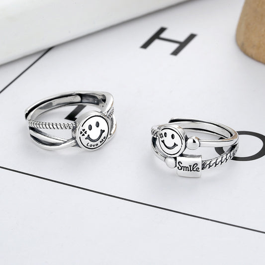 Women's Sterling Sier Retro Twisted Smiley Face Fashion Rings