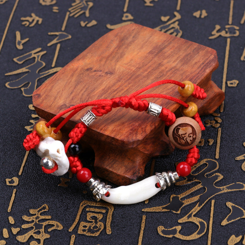 Dog Teeth Zodiac Animal Adults Wear Peach Wood Carving Activity Bracelet