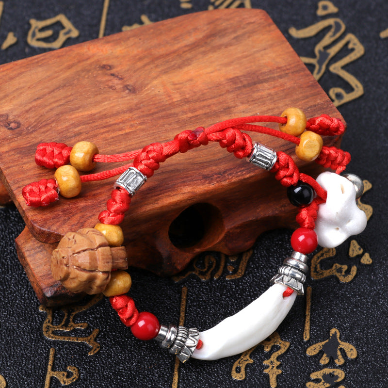 Dog Teeth Zodiac Animal Adults Wear Peach Wood Carving Activity Bracelet