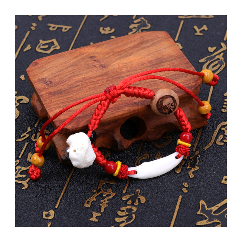 Dog Teeth Zodiac Animal Adults Wear Peach Wood Carving Activity Bracelet
