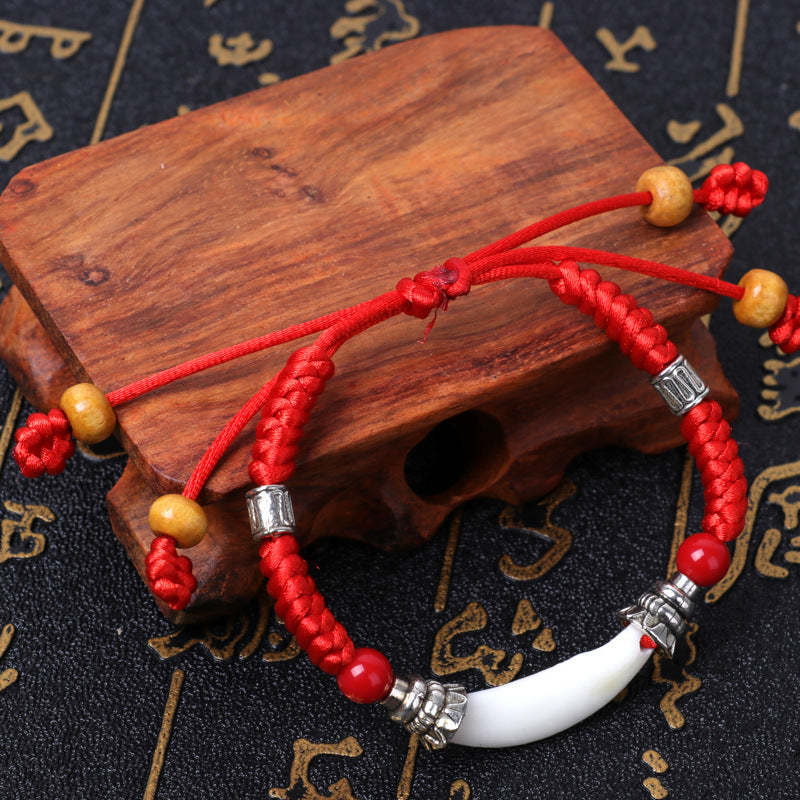 Dog Teeth Zodiac Animal Adults Wear Peach Wood Carving Activity Bracelet