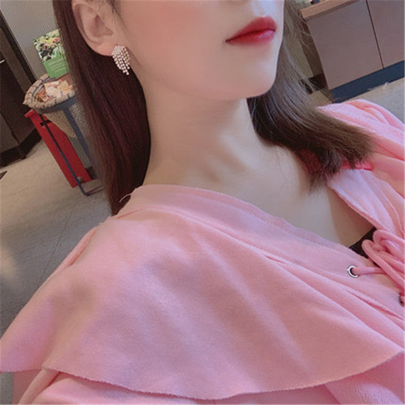 Women's Needle Full Rhinestone Tassel For Trending Eardrops Show Face Slimming Stud Earrings