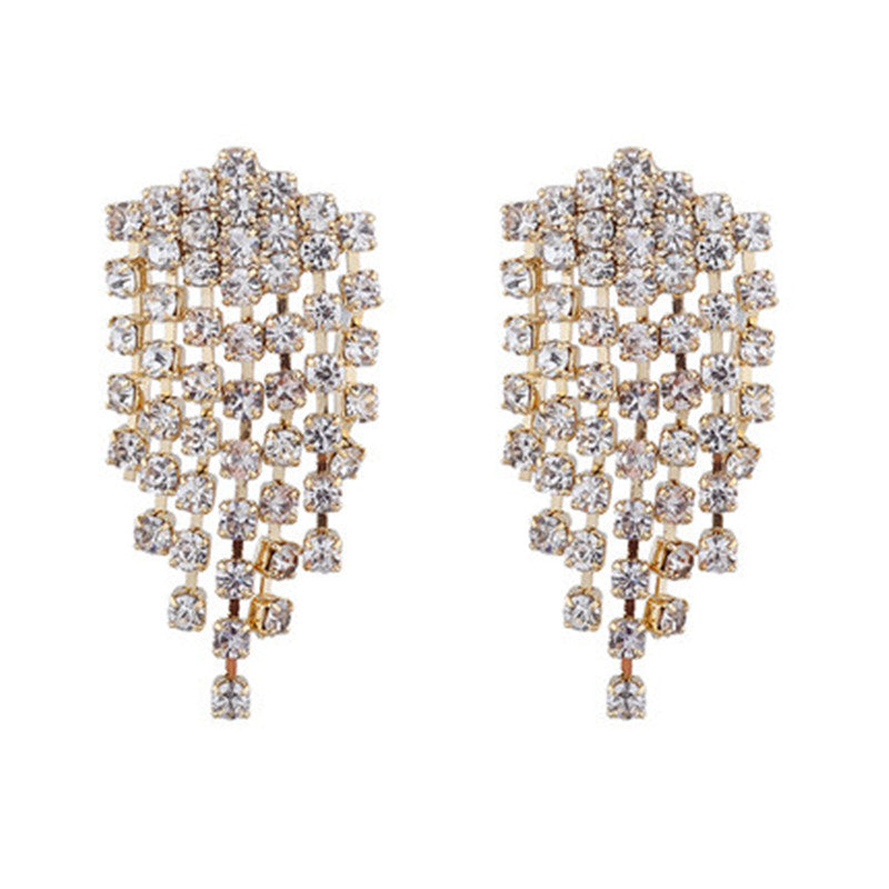 Women's Needle Full Rhinestone Tassel For Trending Eardrops Show Face Slimming Stud Earrings