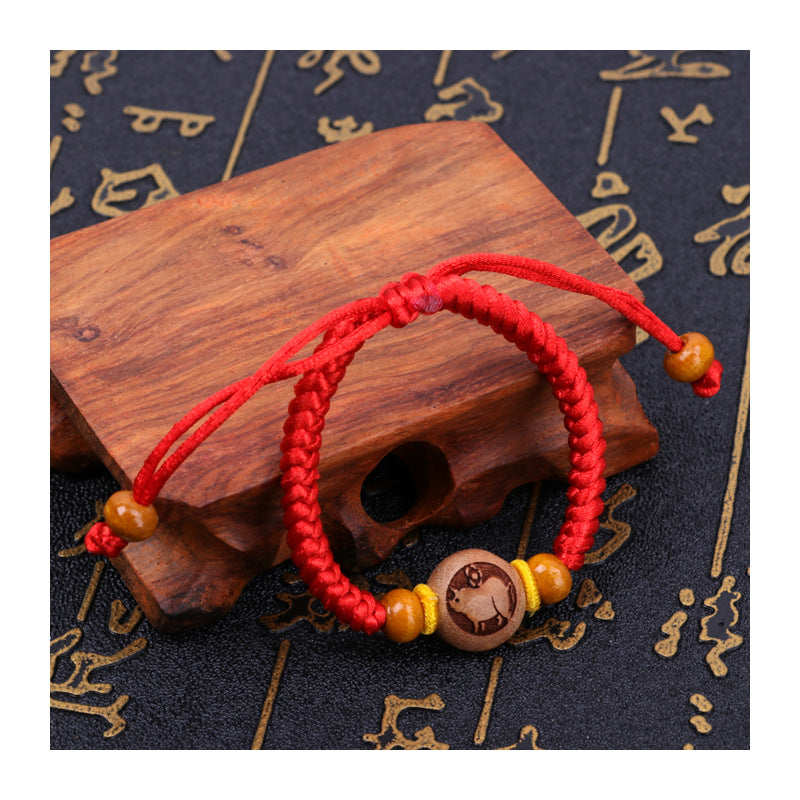 Dog Teeth Zodiac Animal Adults Wear Peach Wood Carving Activity Bracelet