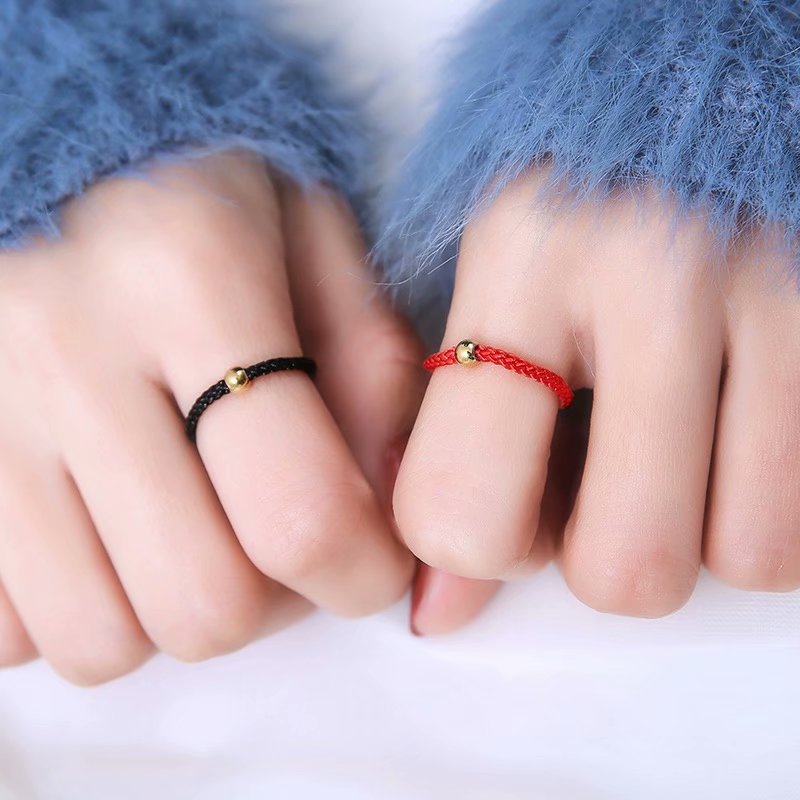 Small Golden Beads Black Rope Lucky Female Couple Rings