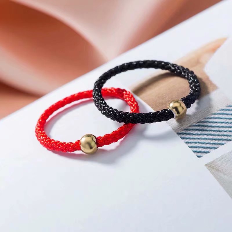 Small Golden Beads Black Rope Lucky Female Couple Rings