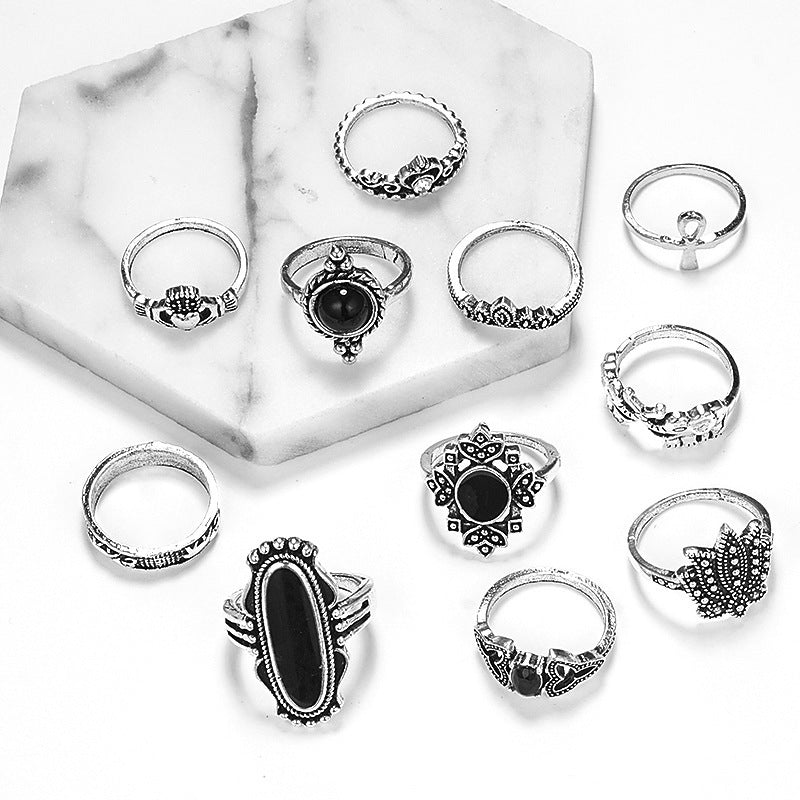 Personality Black Onyx Elephant Lotus Crown Rings