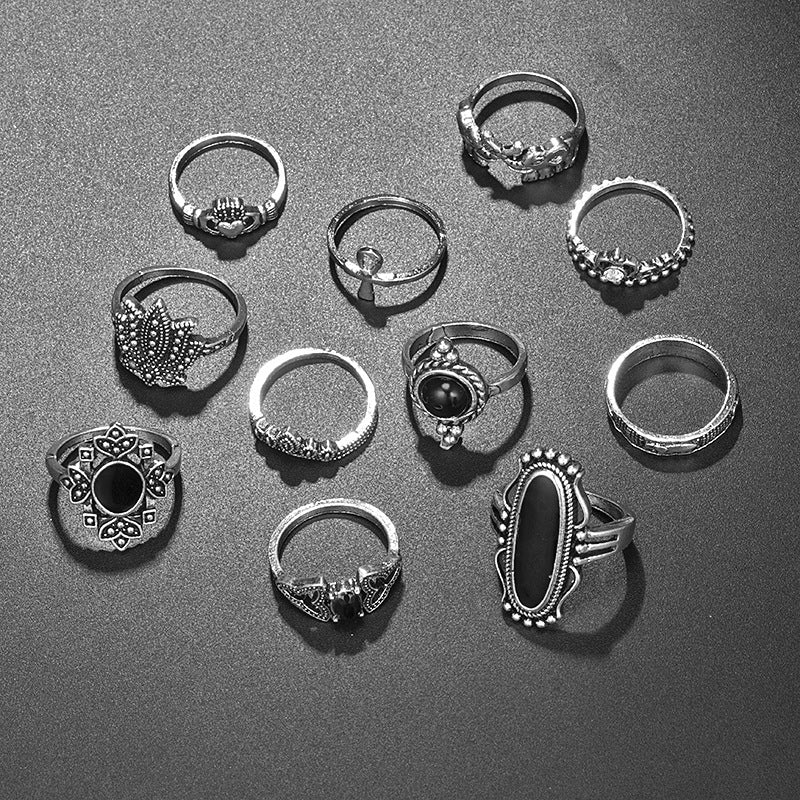 Personality Black Onyx Elephant Lotus Crown Rings