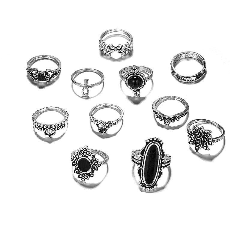Personality Black Onyx Elephant Lotus Crown Rings