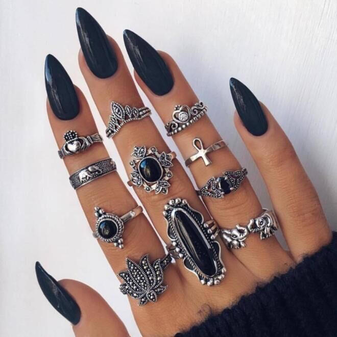 Personality Black Onyx Elephant Lotus Crown Rings