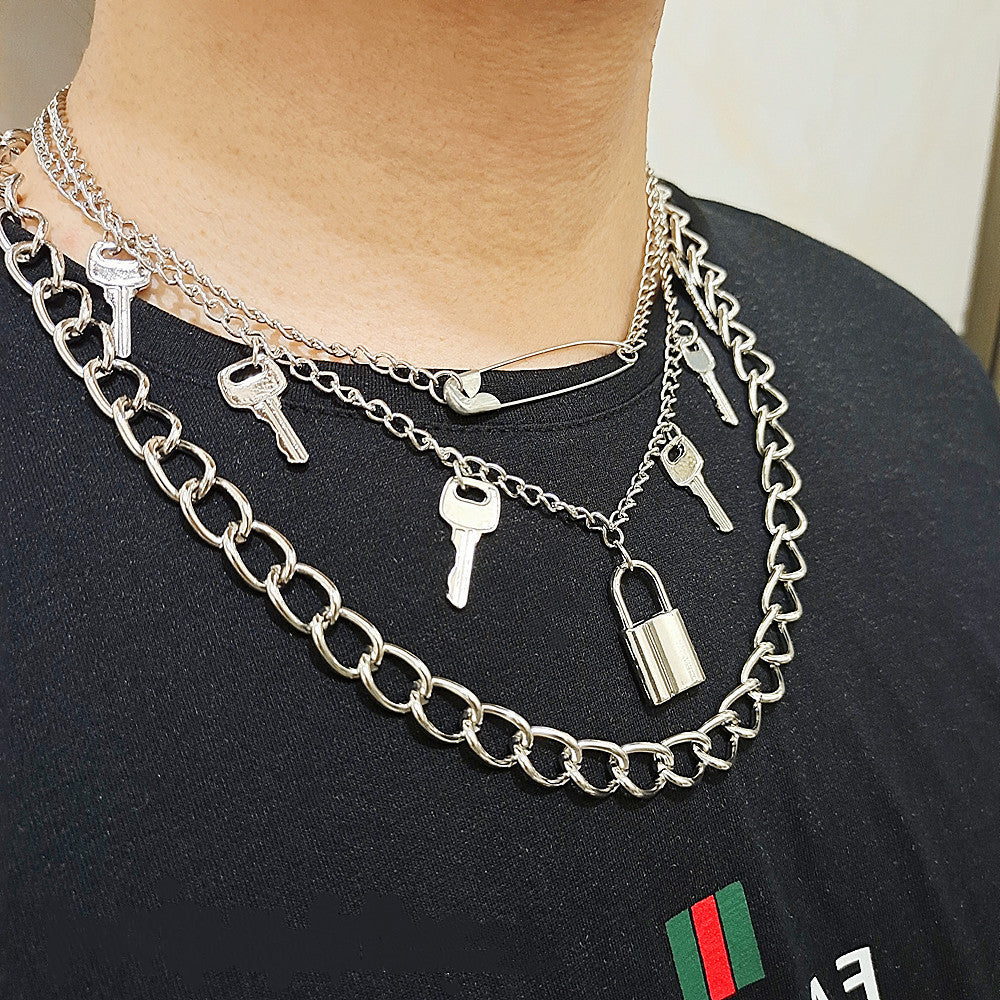 Women's Hip Hop Punk Trendy Pin Fashion Retro Key Lock Necklaces