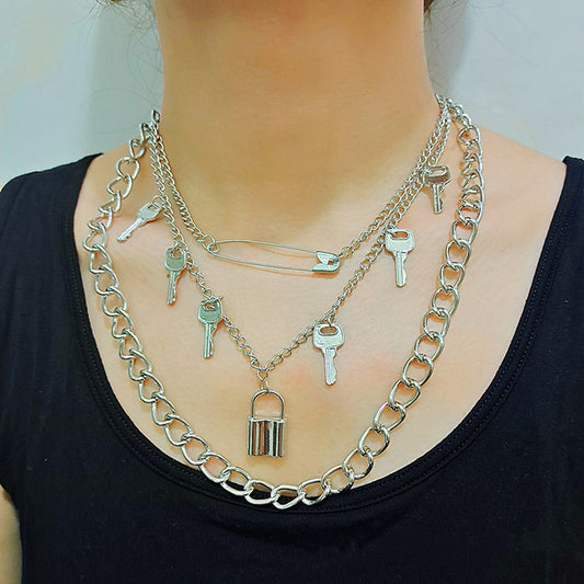 Women's Hip Hop Punk Trendy Pin Fashion Retro Key Lock Necklaces