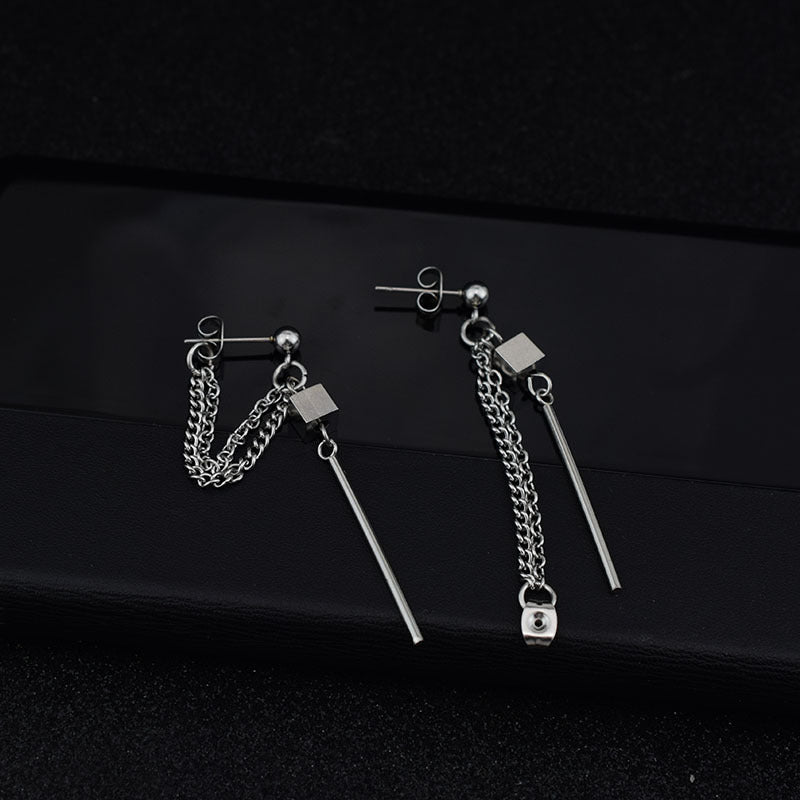 Stainless Steel Chain Long Stick Square Earrings