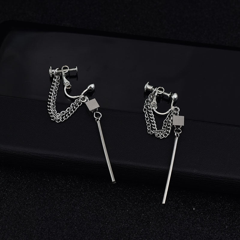 Stainless Steel Chain Long Stick Square Earrings