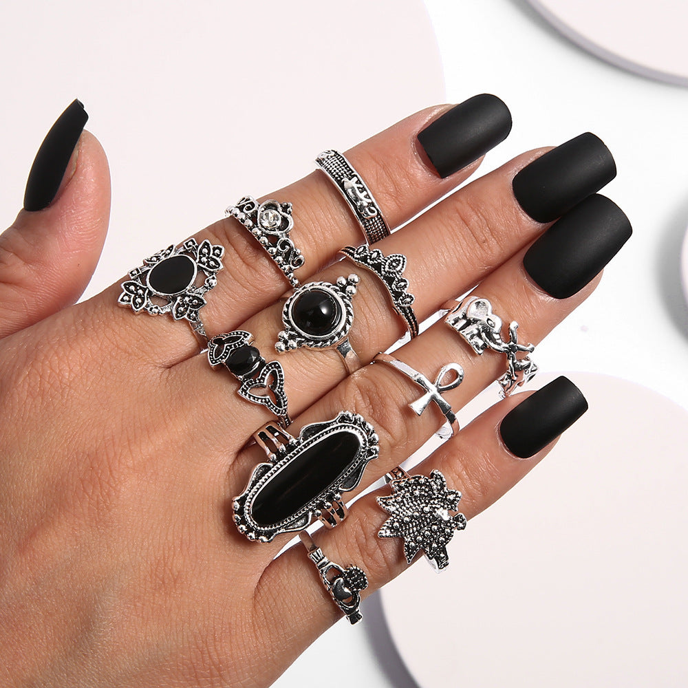 Personality Black Onyx Elephant Lotus Crown Rings