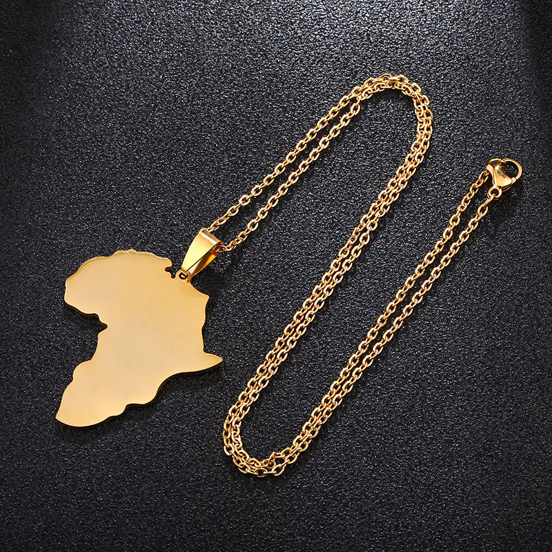 Women's & Men's Titanium Steel Glossy Gold African Map Necklaces