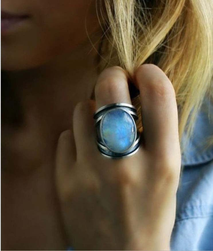 Colorful Moonstone Exaggerated Imitation Thai Sier Rings