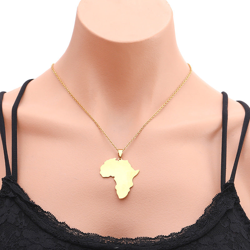 Women's & Men's Titanium Steel Glossy Gold African Map Necklaces