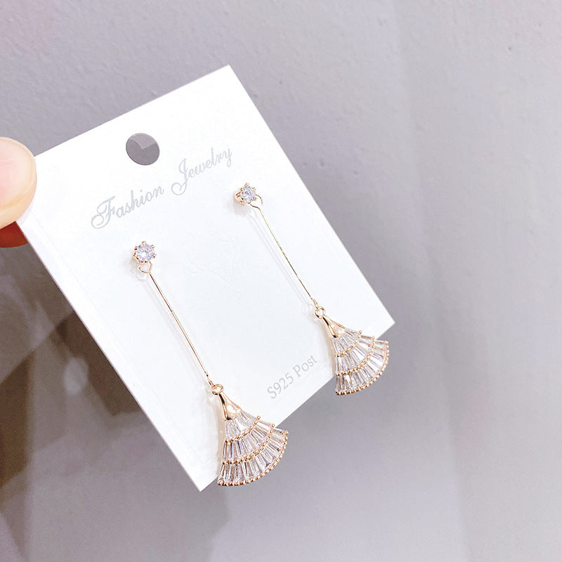 Small Fan Eardrops Sier Needle Simple Elegant Female Zircon Micro Earrings